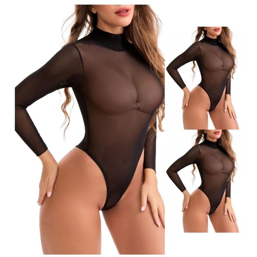 Women's Mesh High Neck Tummy Control Long Sleeve Bodysuit 3-Pk Black 3XL